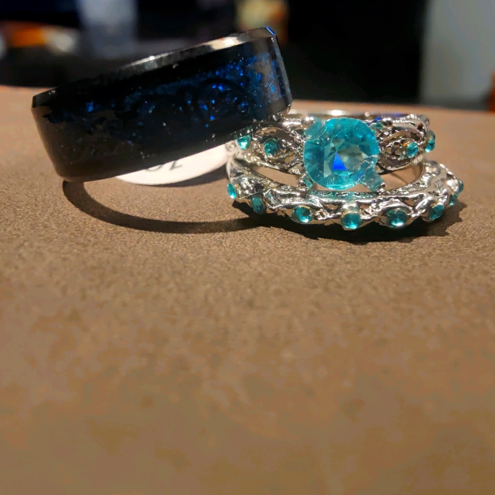 His And Hers White Gold/Aqua Tungsten Couples Set